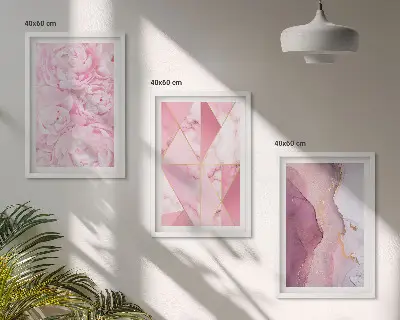 Sada obrazů do obývacího pokoje růžové geometrické pivoňky