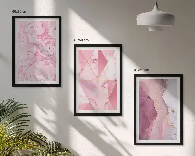 Sada obrazů do obývacího pokoje růžové geometrické pivoňky