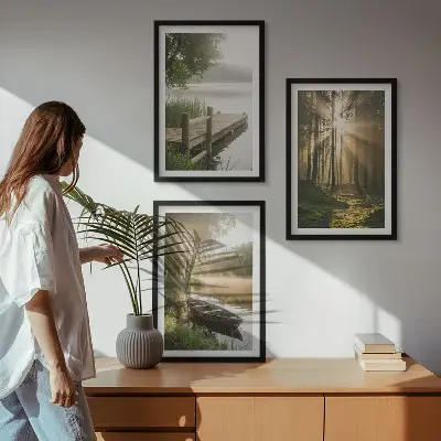 Sada 3 obrazů jezero, les, loď a ranní mlha
