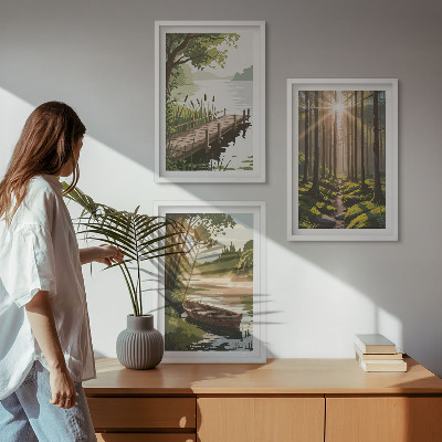 Kompozice obrazů na stěnu Krajina lesa, jezero, loď