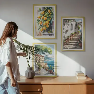 Sada obrazů do obývacího pokoje s citrony, květinami a výhledem na moře
