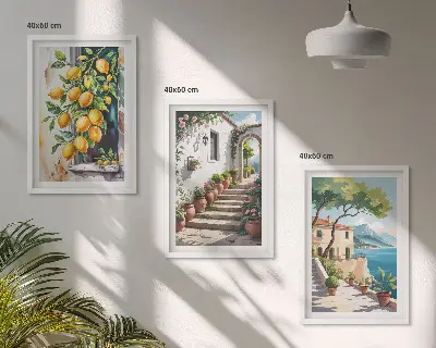 Sada obrazů do obývacího pokoje s citrony, květinami a výhledem na moře