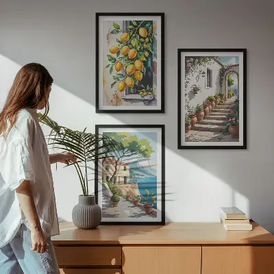 Sada obrazů do obývacího pokoje s citrony, květinami a výhledem na moře