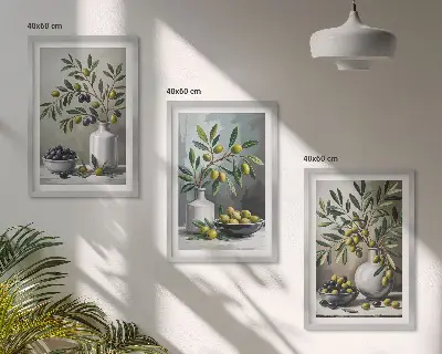Sada obrazů do obývacího pokoje keramické olivy v šedé barvě
