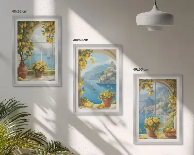 Sada obrazů do obývacího pokoje krajiny s mořem, citrony a okny