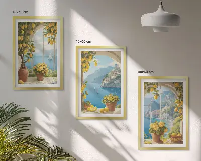 Sada obrazů do obývacího pokoje krajiny s mořem, citrony a okny