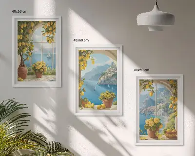 Sada obrazů do obývacího pokoje krajiny s mořem, citrony a okny