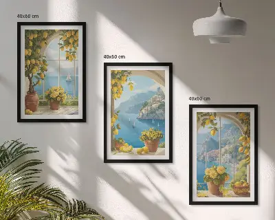 Sada obrazů do obývacího pokoje krajiny s mořem, citrony a okny