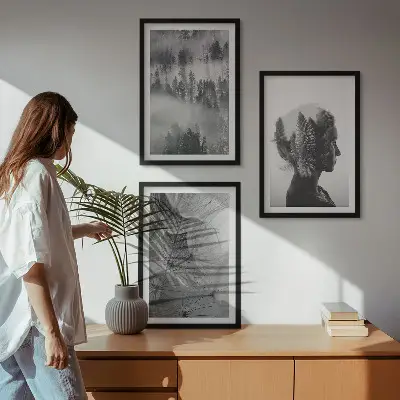 Sada 3 obrazů lesní mlha s portrétem stromu a pampeliškou