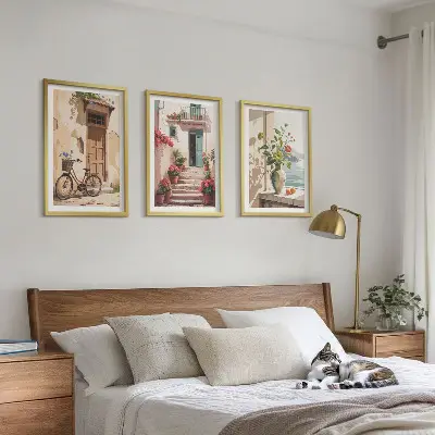 Sada 3 obrazů ulice s květinami a koly
