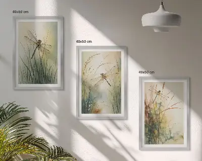 Sada obrazů do obývacího pokoje vážky a trávy nad vodní hladinou