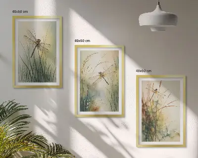 Sada obrazů do obývacího pokoje vážky a trávy nad vodní hladinou