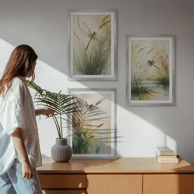 Vážky a trávy akvarel sada 3 obrazů