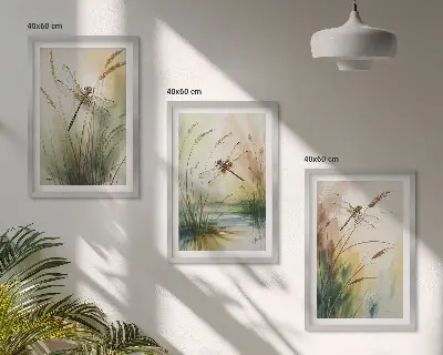 Vážky a trávy akvarel sada 3 obrazů