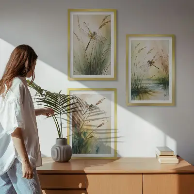 Vážky a trávy akvarel sada 3 obrazů