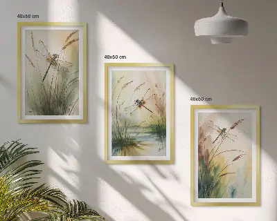 Vážky a trávy akvarel sada 3 obrazů