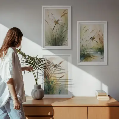 Vážky a trávy akvarel sada 3 obrazů