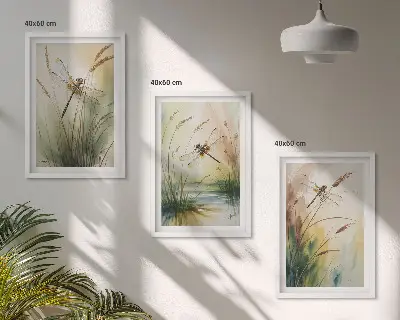 Vážky a trávy akvarel sada 3 obrazů
