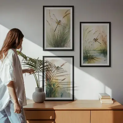 Vážky a trávy akvarel sada 3 obrazů