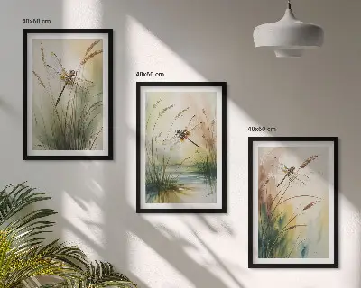 Vážky a trávy akvarel sada 3 obrazů