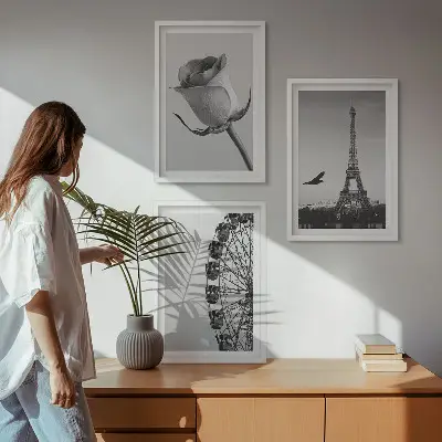 Sada obrazů do obývacího pokoje ruské kolo s růžovou Eiffelovou věží