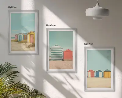 Sada obrazů do obývacího pokoje barevné domy s motivem pláže a slunce
