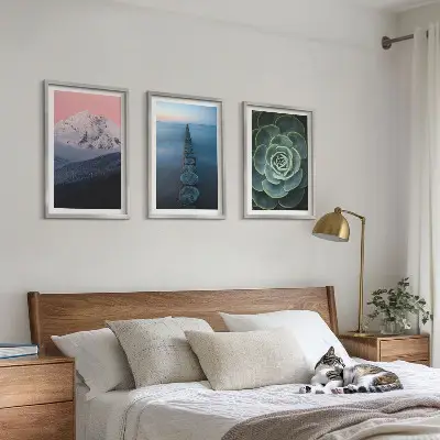 Sada obrazů do obývacího pokoje s motivem hor, růžové oblohy, vody a sukulentů