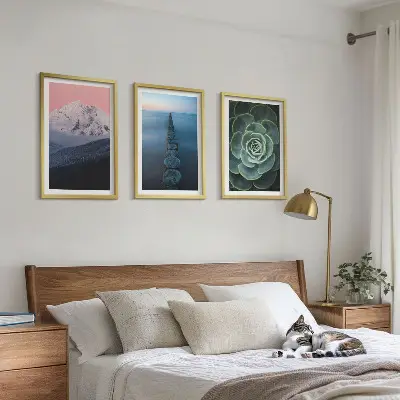 Sada obrazů do obývacího pokoje s motivem hor, růžové oblohy, vody a sukulentů