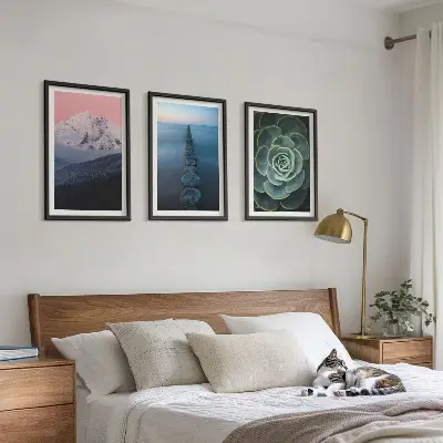 Sada obrazů do obývacího pokoje s motivem hor, růžové oblohy, vody a sukulentů