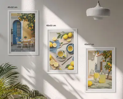 Kompozice obrazů na stěnu citrony, limonáda a modré dveře