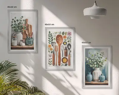 Sada 3 obrazů s motivem kuchyňských doplňků na rostlinné bázi