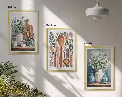 Sada 3 obrazů s motivem kuchyňských doplňků na rostlinné bázi
