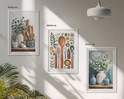 Sada 3 obrazů s motivem kuchyňských doplňků na rostlinné bázi