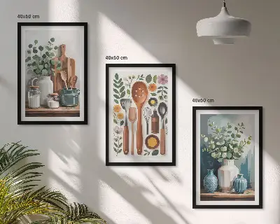 Sada 3 obrazů s motivem kuchyňských doplňků na rostlinné bázi