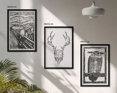 Kompozice obrazů na stěnu grafika křičící lebky se sovou