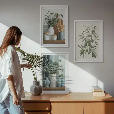 Sada obrazů do obývacího pokoje se zelenými eukalyptovými olivami