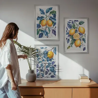 Sada 3 obrazů s motivem citronových větví a modrých listů
