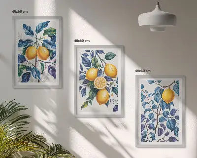 Sada 3 obrazů s motivem citronových větví a modrých listů