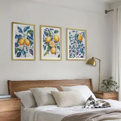 Sada 3 obrazů s motivem citronových větví a modrých listů