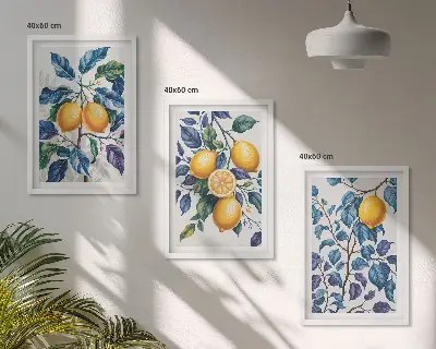 Sada 3 obrazů s motivem citronových větví a modrých listů