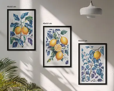 Sada 3 obrazů s motivem citronových větví a modrých listů