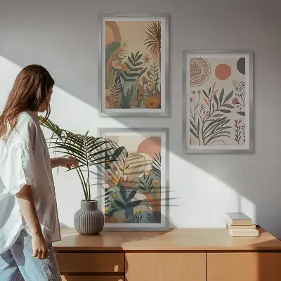 Sada obrazů do obývacího pokoje s rostlinnými motivy v tlumených barvách