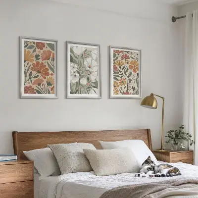 Sada obrazů do obývacího pokoje květinové vzory v oranžovozeleném provedení