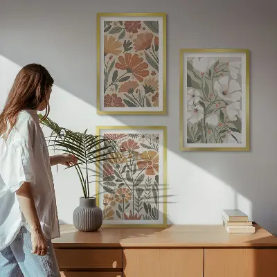 Sada obrazů do obývacího pokoje květinové vzory v oranžovozeleném provedení