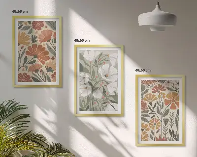 Sada obrazů do obývacího pokoje květinové vzory v oranžovozeleném provedení
