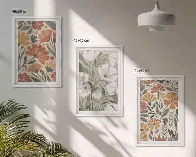 Sada obrazů do obývacího pokoje květinové vzory v oranžovozeleném provedení