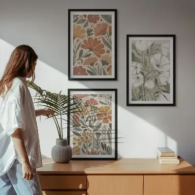 Sada obrazů do obývacího pokoje květinové vzory v oranžovozeleném provedení