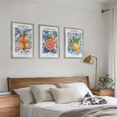 Kompozice obrazů na stěnu s vintage ilustracemi citrusových plodů