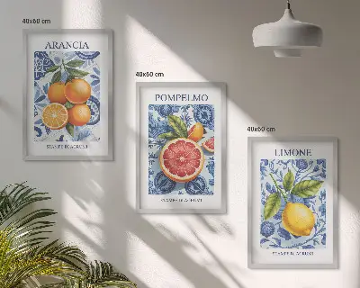 Kompozice obrazů na stěnu s vintage ilustracemi citrusových plodů