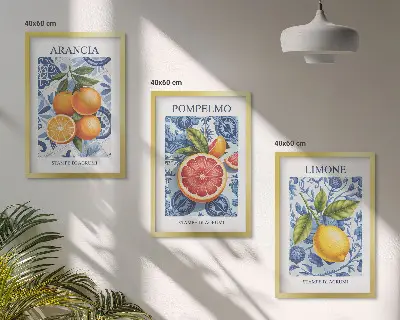 Kompozice obrazů na stěnu s vintage ilustracemi citrusových plodů
